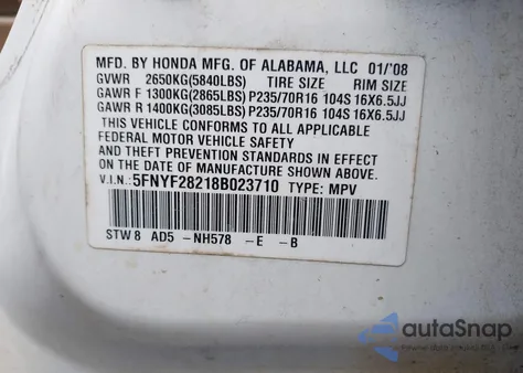 2008 Honda Pilot Vp from USA, damaged, VIN 5FNYF28218B023710
